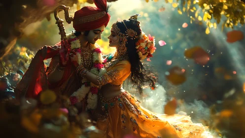 Royal couple in ornate traditional regalia with floral garlands.
