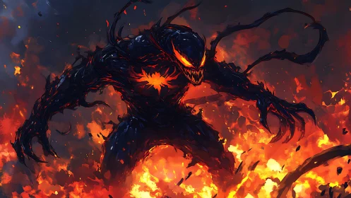 Demonic fire creature strides through raging inferno of chaos.