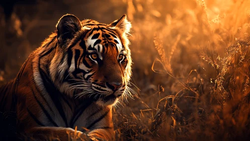 Photorealistic tiger portrait in golden backlit grassland field.