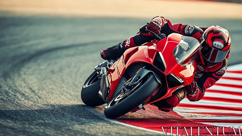 Red superbike leans into a racetrack corner at high speed.