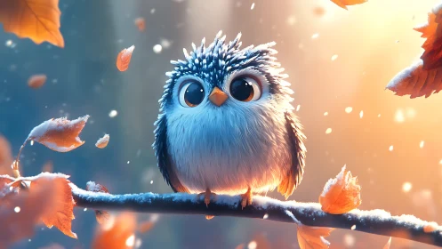 Adorable fluffy owl on snowy autumn branch, whimsical digital art.