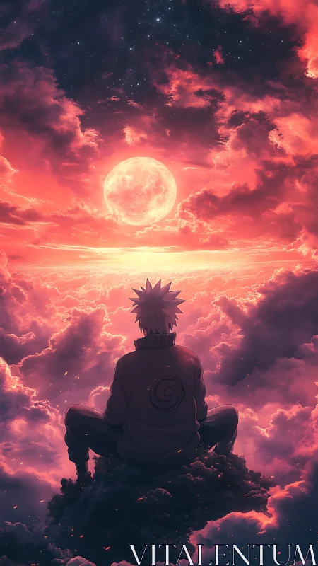 Dreamy cloud-watcher rests beneath a glowing cosmic moon