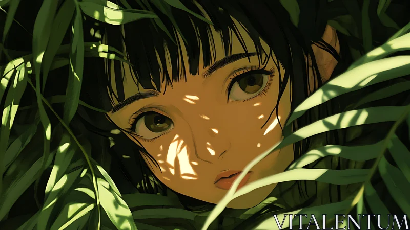 Anime portrait in dappled jungle light with close foliage framing.