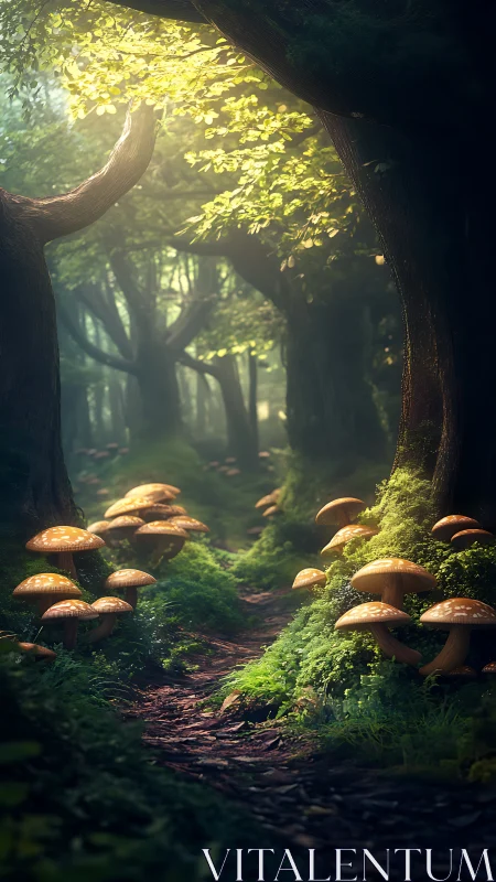 Forest pathway with mushrooms, golden foliage, atmospheric woodland scene