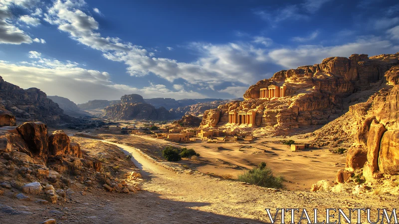 Sunlit desert valley winding toward ancient cliff temples.
