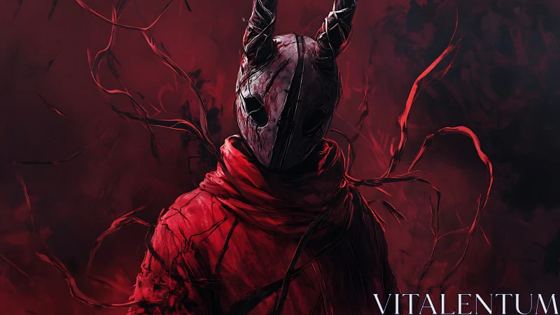 Horned mask figure in tattered red cloak amid abstract crimson
