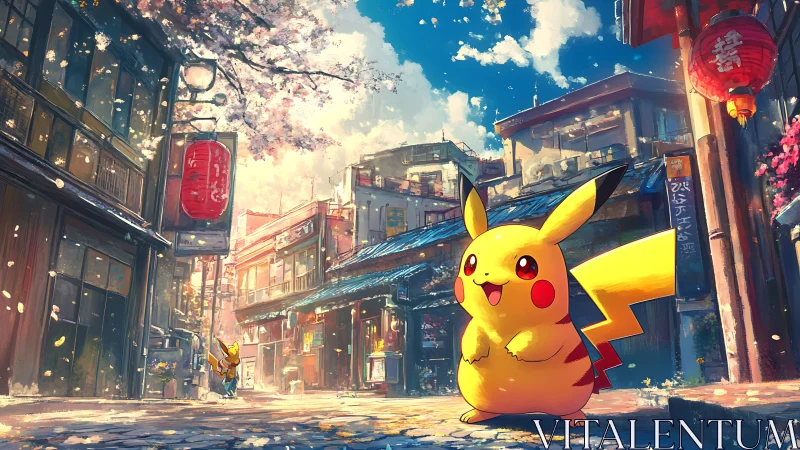 Pikachu in sunlit neo-traditional Japanese street environment.