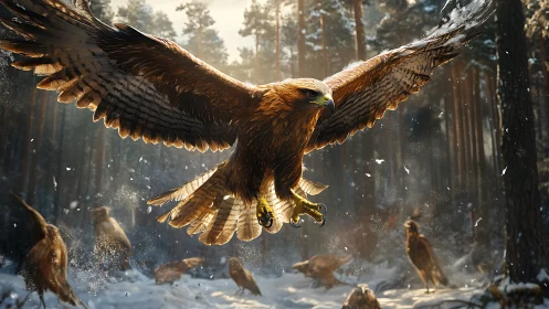 Majestic Golden Eagle Soaring Over Snowy Forest in Realistic Style.