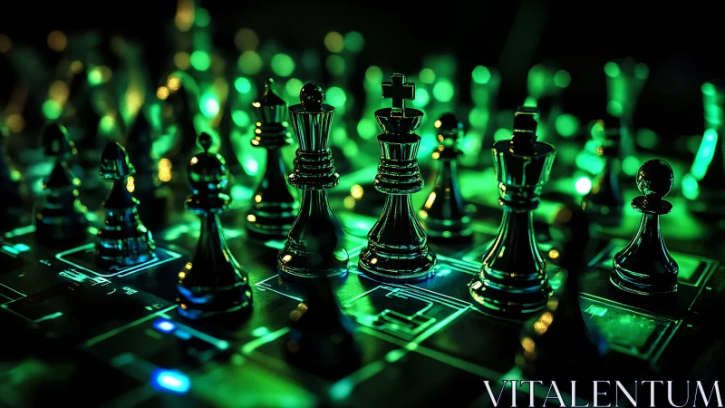 Chrome chess pieces stand on glowing circuit board grid