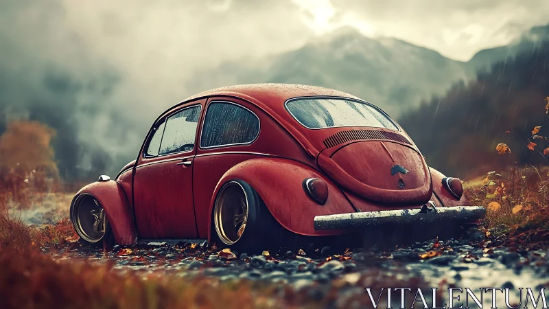Weathered red beetle resting quietly in rainy mountain mist.
