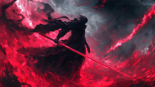 Crimson warrior stands calm within a raging storm of fire