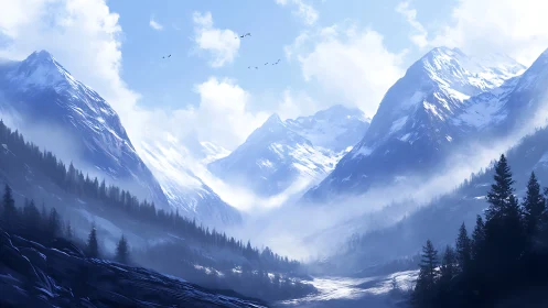 Snowbound alpine valley under luminous blue sky haze.