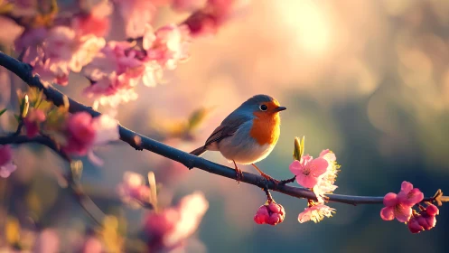 Spring robin on cherry blossom branch in soft sunset light.