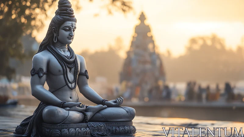 Meditative Shiva sculpture in golden riverfront sunrise light.