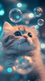 Fluffy White Cat Mesmerized by Glowing Soap Bubbles