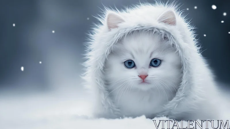 Snowy White Kitten with Blue Eyes in Winter Setting.