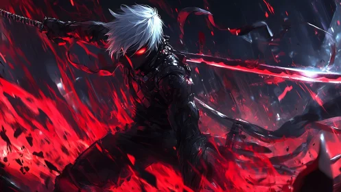 Cyber ninja unleashes crimson energy in storming battle