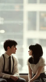 Sunlit Moments: Two Souls Conversing by Towering Glass.