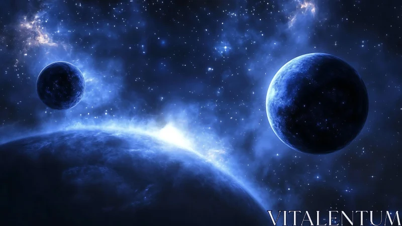 Three blue planets in deep space with bright starlight.