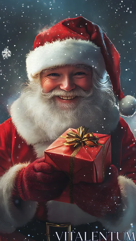Smiling Santa holding a bright red gift in falling snow.