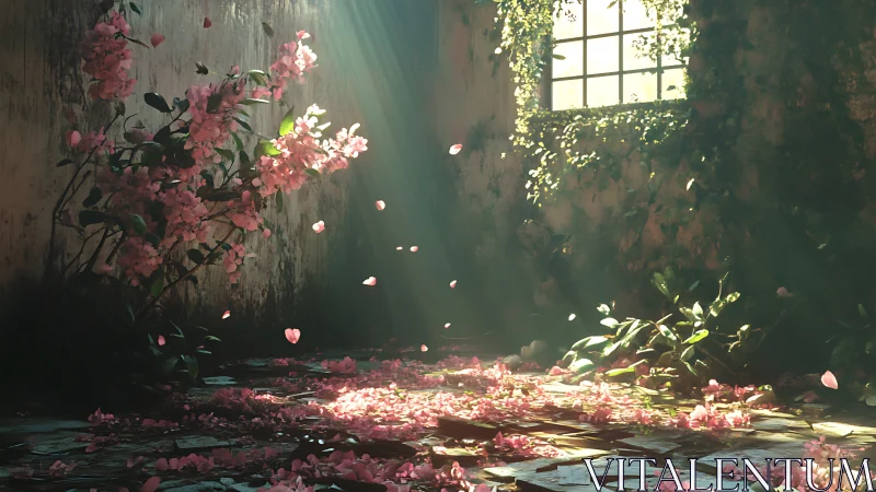 Sunlit abandoned room with flowering vines and petals.