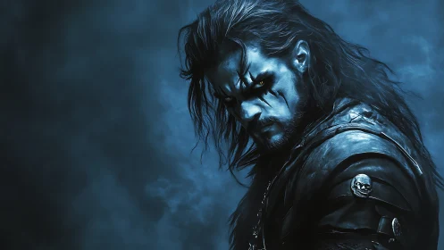 Storm-lit warrior glares through midnight haze and memory