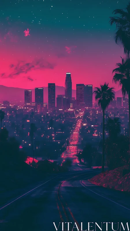 Neon-lit city skyline is viewed from a descending roadway