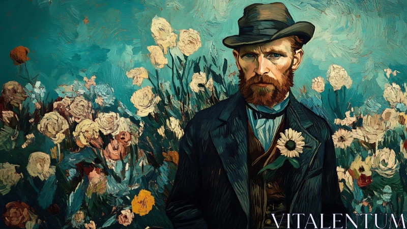 Bearded gentleman stands before lush expressive florals.