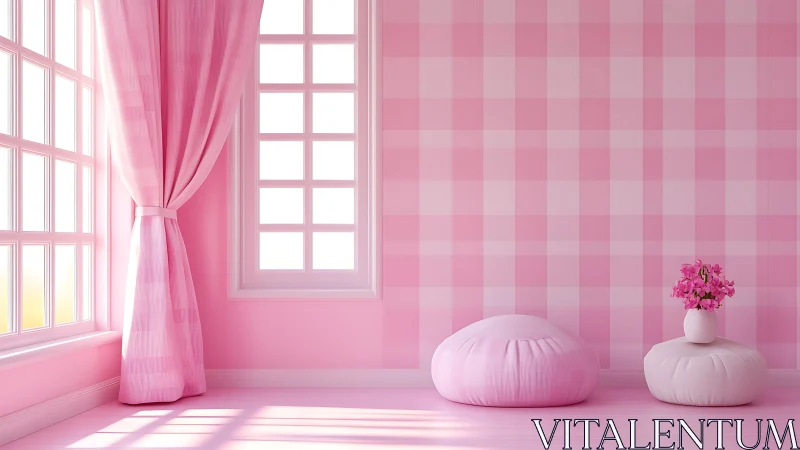 Sunlit pink retreat with gingham walls and whisper-soft seats.