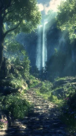 Waterfall Cascades Through Ancient Forest Canopy.