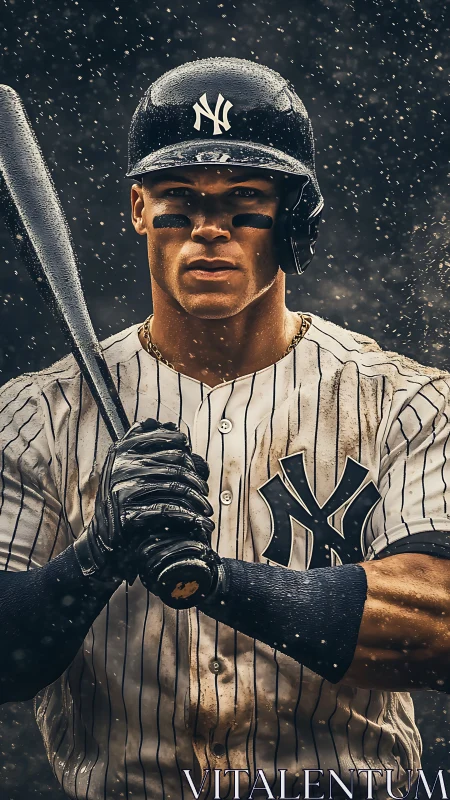 Focused baseball slugger stands ready under stadium rain