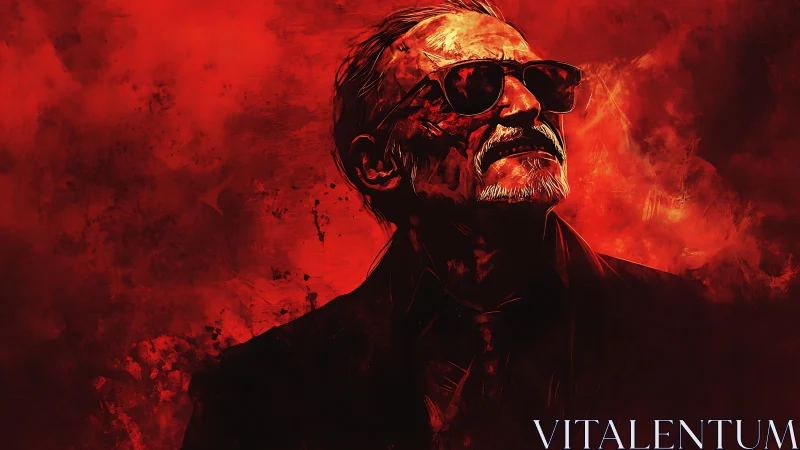 Older man in sunglasses against intense red backdrop.
