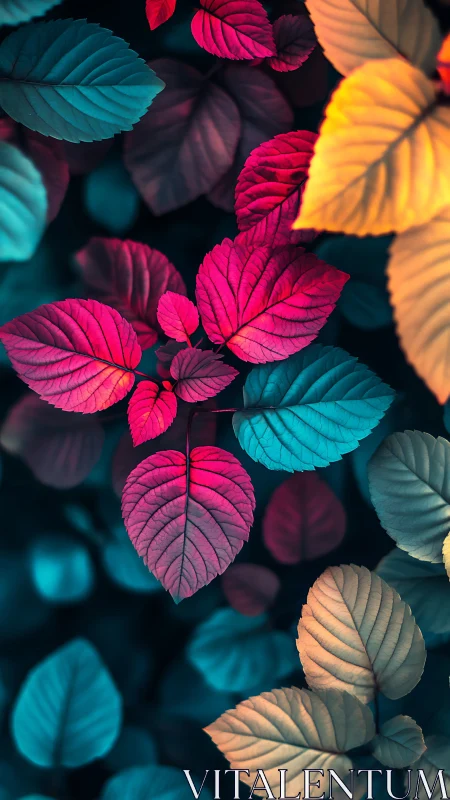 Multicolored neon leaves glow against deep teal shadows.