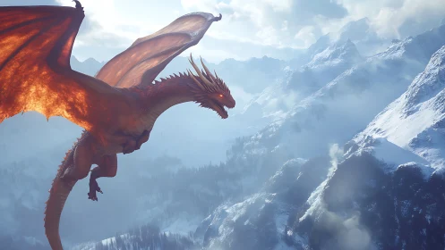 Crimson dragon skims the frosted bones of the mountain world