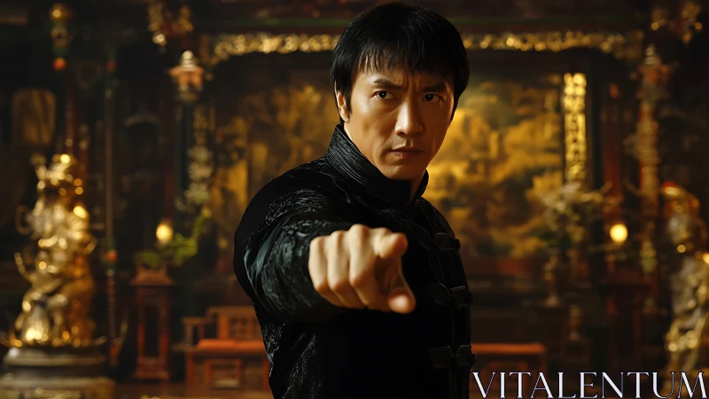 Martial artist calls you into a richly glowing temple hall.