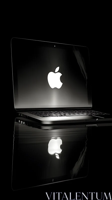Open laptop with illuminated logo and dark reflection.