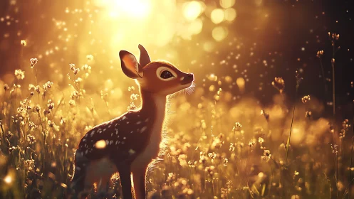Gentle fawn bathed in golden meadow evening light glow.