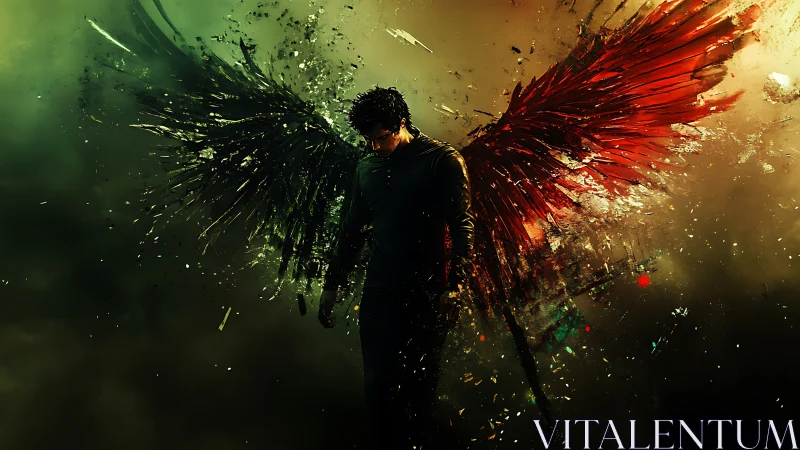 Dark winged figure with shattered red and black wings.