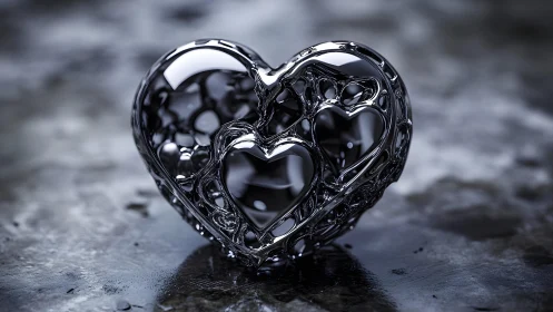 Shiny Metallic Heart Sculpture with Abstract Artistic Design.