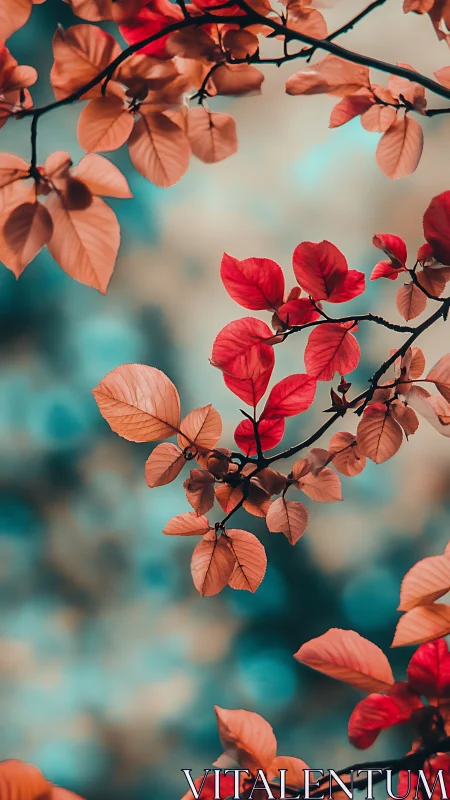 Peachy autumn leaves drift like quiet sparks in teal air