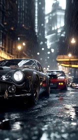 Two wet street-parked sports cars in rain-soaked city street