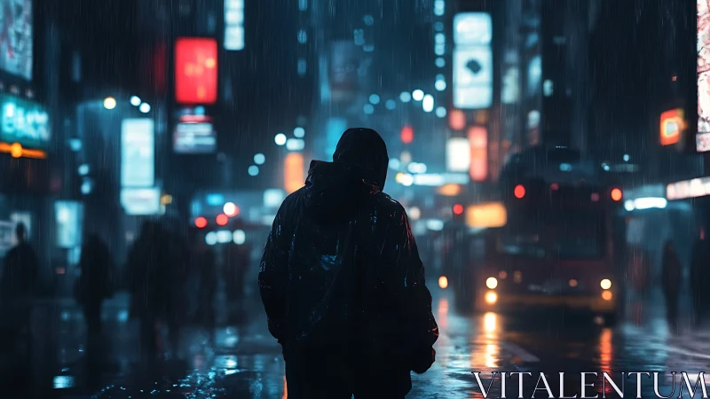 Hooded figure in neon city street under heavy night rain.