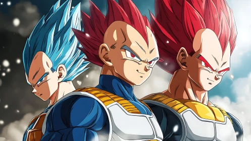 Saiyan warrior in three evolving, power-charged forms.