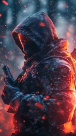 Hooded neon marksman melts winter silence with embered steel