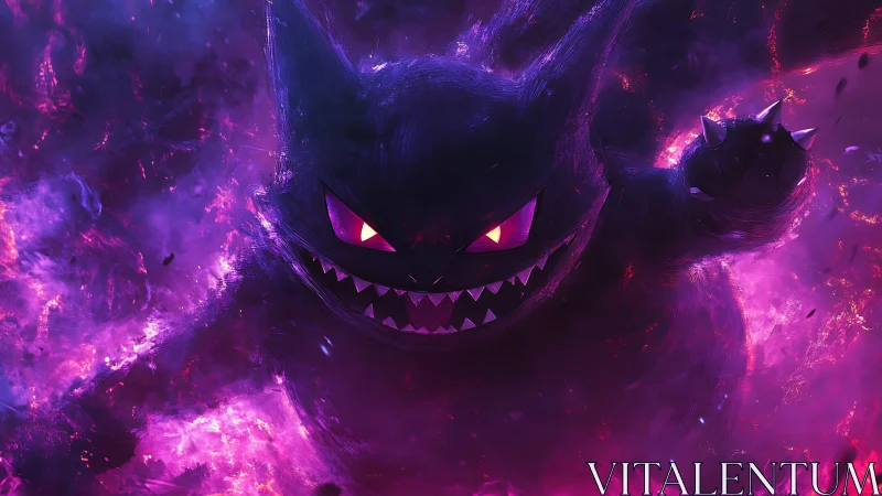 Ghostly grinning creature surging through neon purple flame.