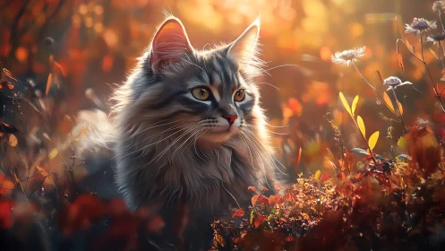 Autumn's Golden Gaze: A Cat's Peaceful Moment.