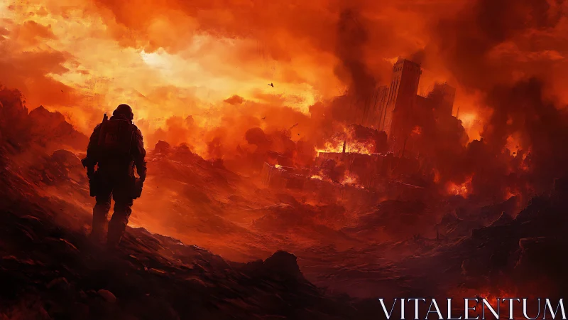 Solitary armored recon operative in incendiary urban ruinscape.