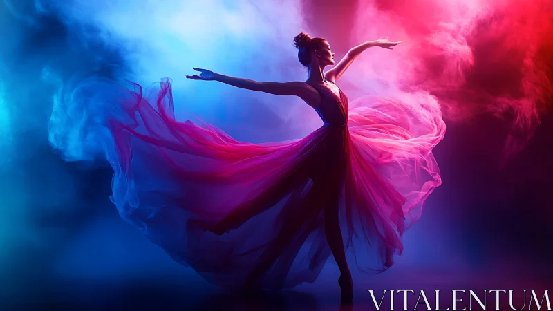 Graceful dancer swirling through dreamy neon color clouds.