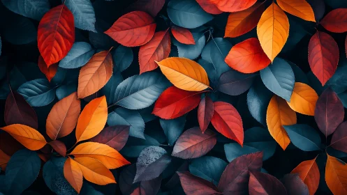 Autumn foliage forms a complementary red and teal chromatic field