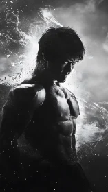 Monochrome male torso with water splash effects profile.